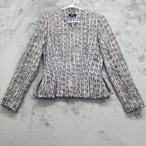 DKNY Blazer Womens 2 Yellow Blue Tweed Peplum Full Zip Career Jacket Fringe - Picture 1 of 10